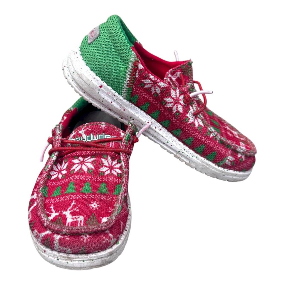 Hey Dude Wally Youth Christmas Reindeer Print Shoes Size 12K Red & Green 12 Kids
